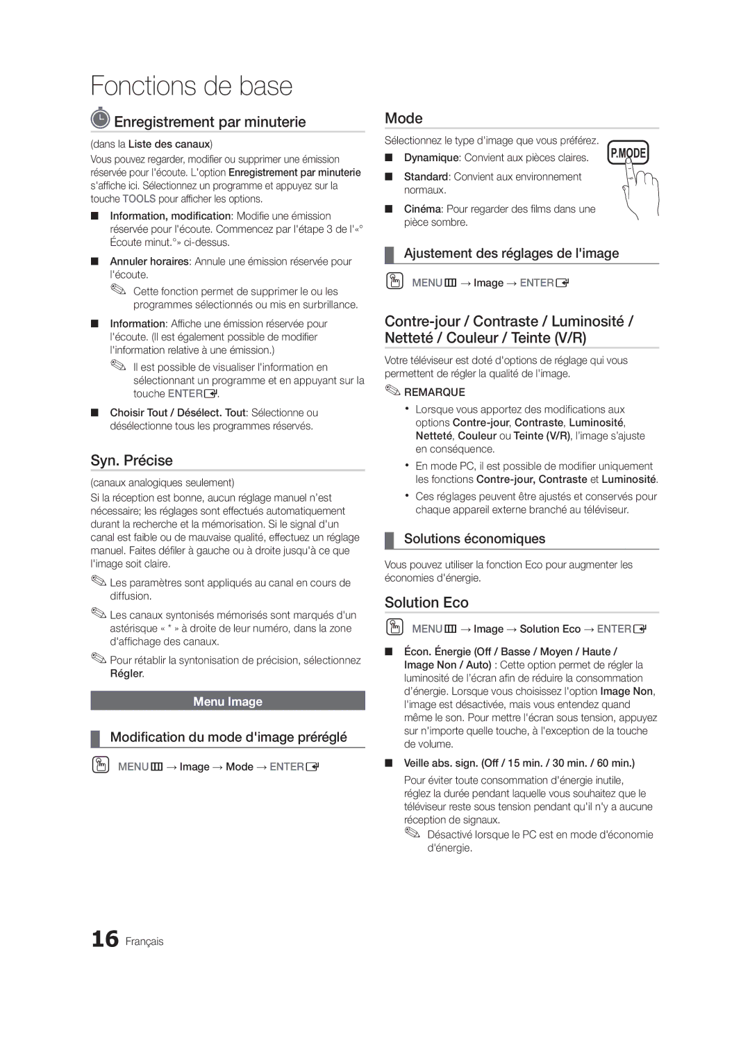 Samsung UN32C4000 user manual Enregistrement par minuterie, Syn. Précise, Solution Eco 