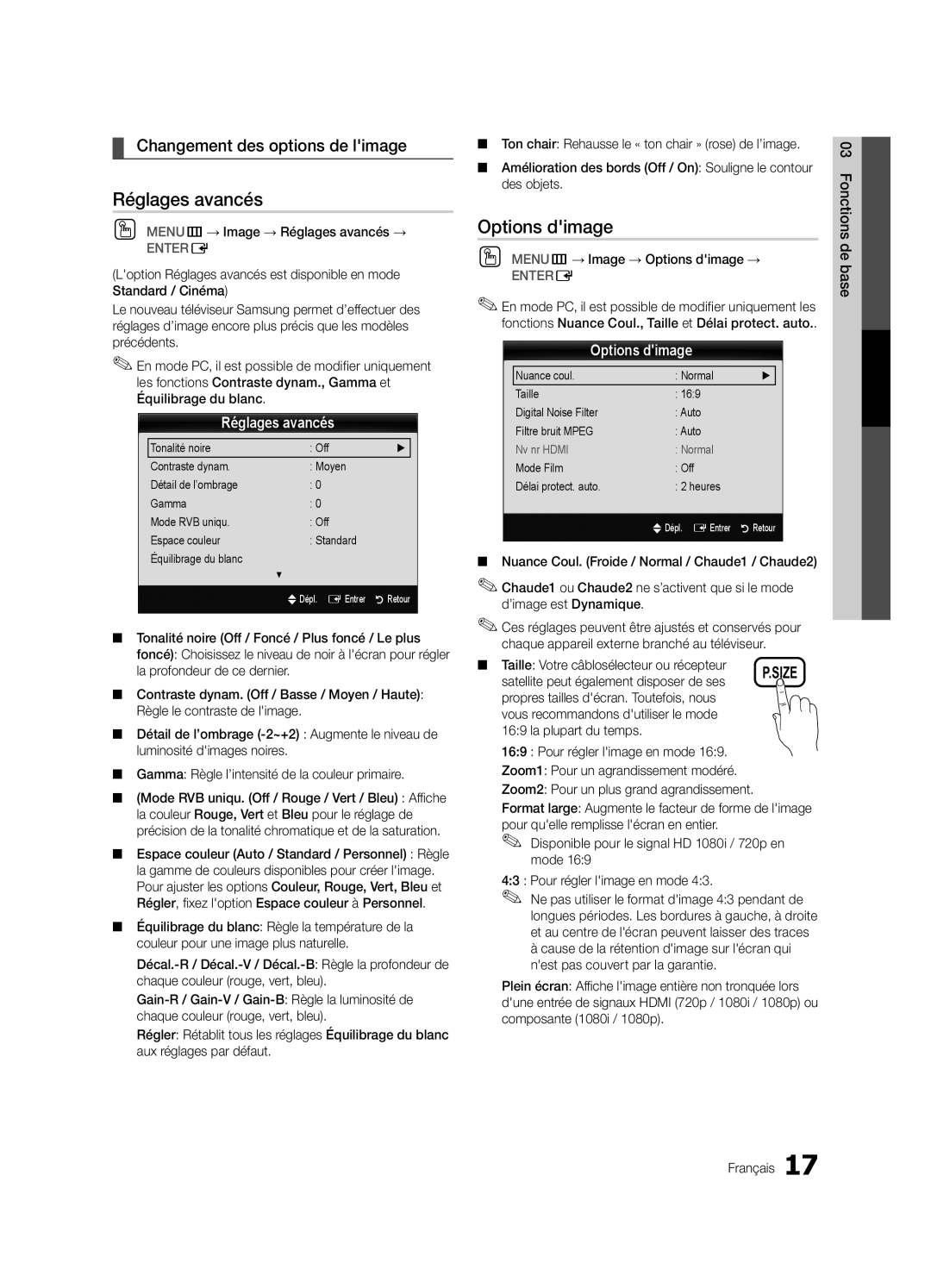 Samsung UN32C4000 user manual Réglages avancés, Options dimage, Changement des options de limage 