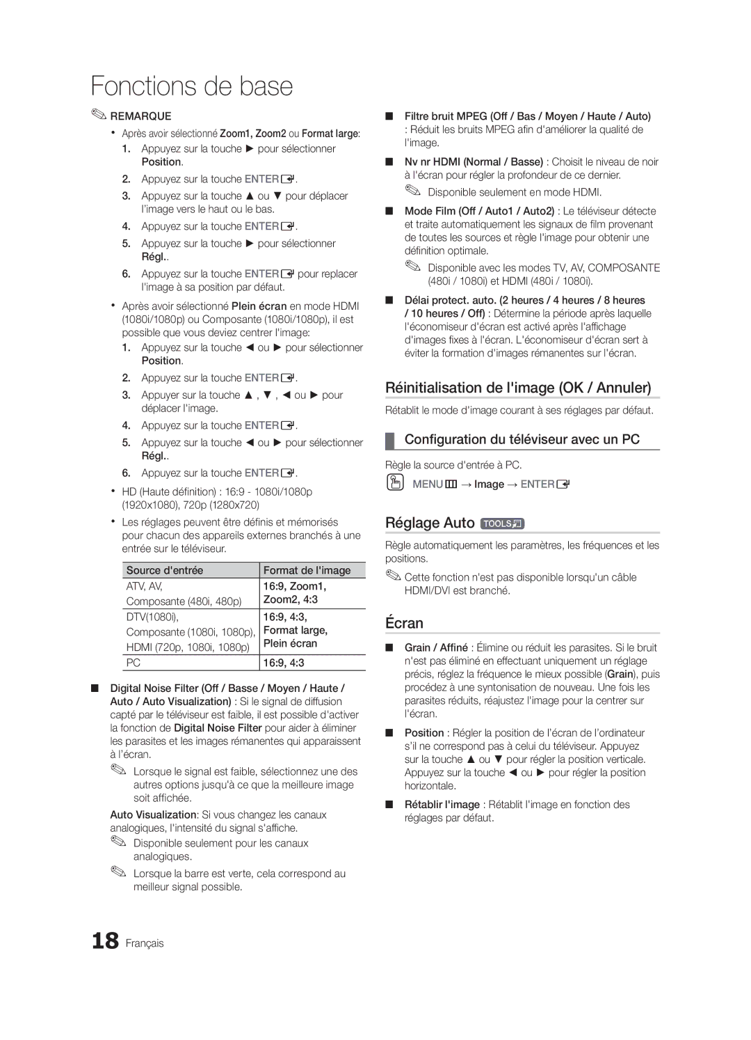 Samsung UN32C4000 Réinitialisation de limage OK / Annuler, Réglage Auto t, Écran, Configuration du téléviseur avec un PC 