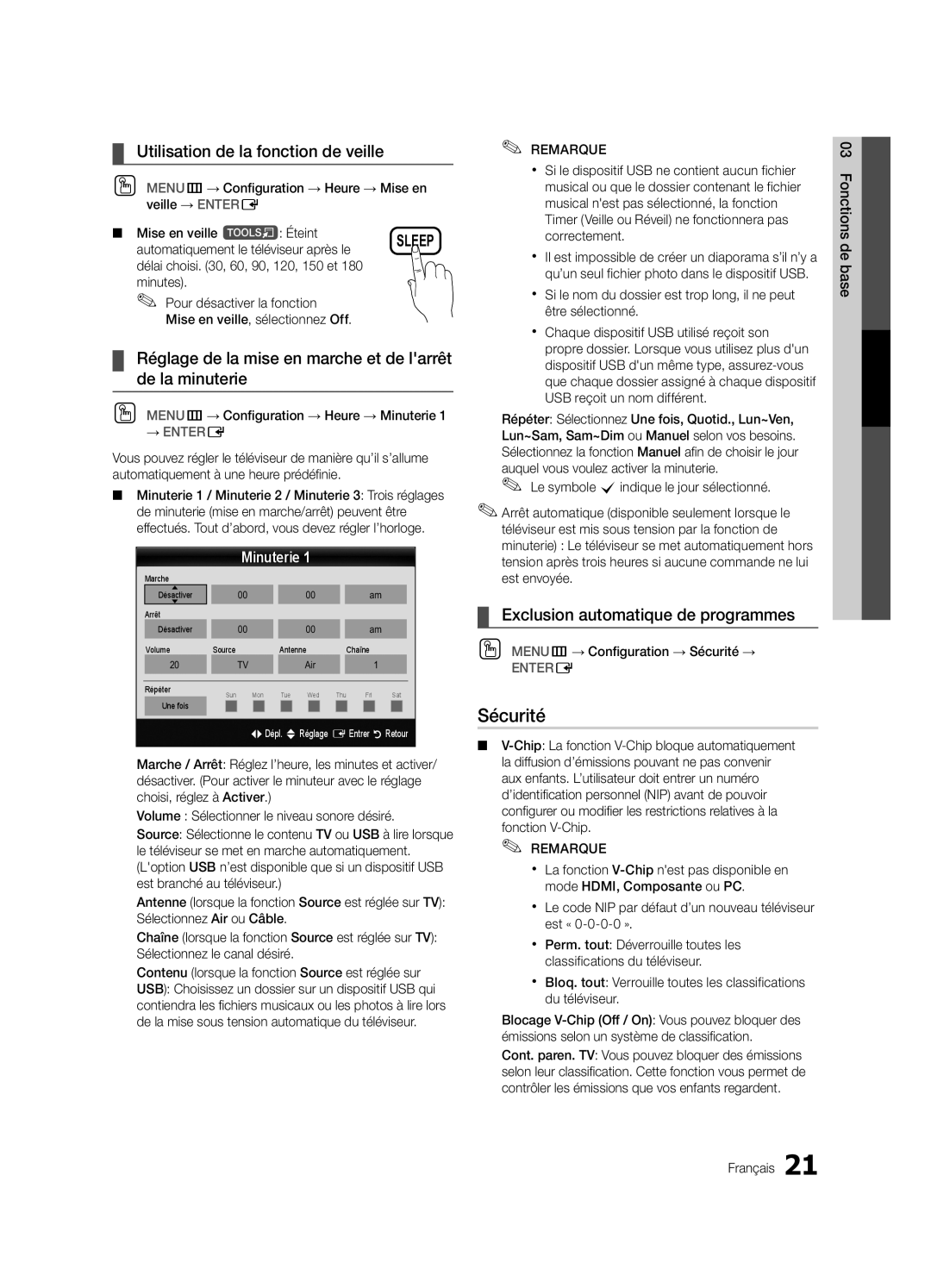 Samsung UN32C4000 Sécurité, Utilisation de la fonction de veille, Exclusion automatique de programmes, Minuterie 