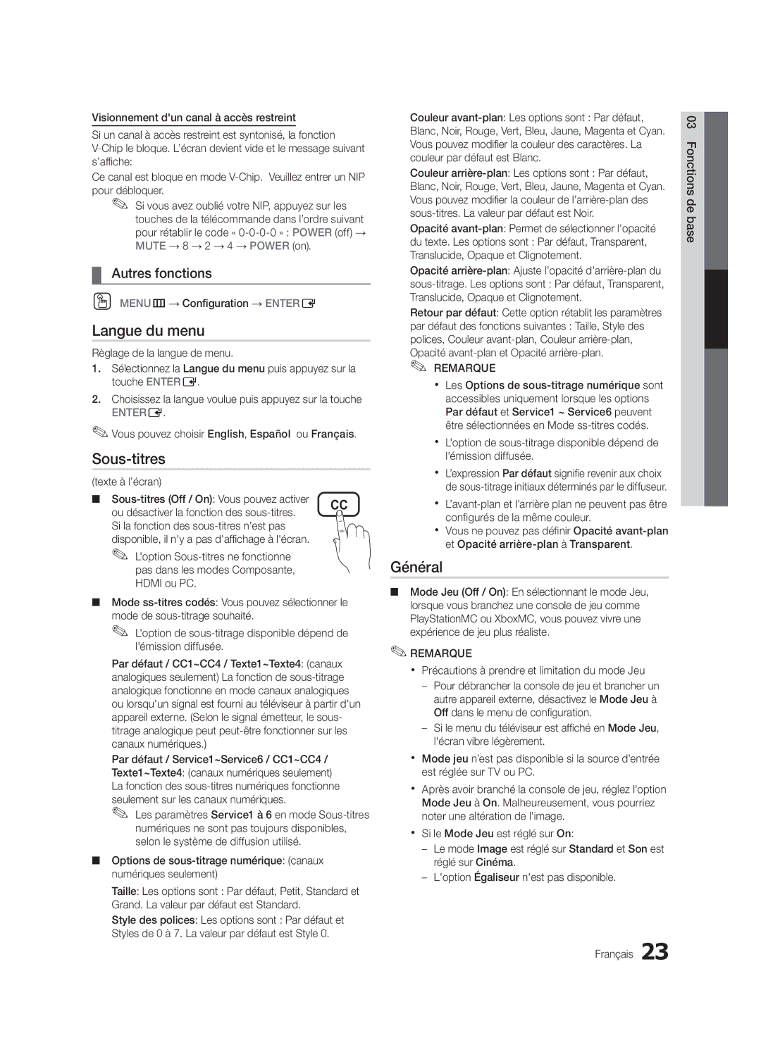 Samsung UN32C4000 user manual Langue du menu, Sous-titres, Général 