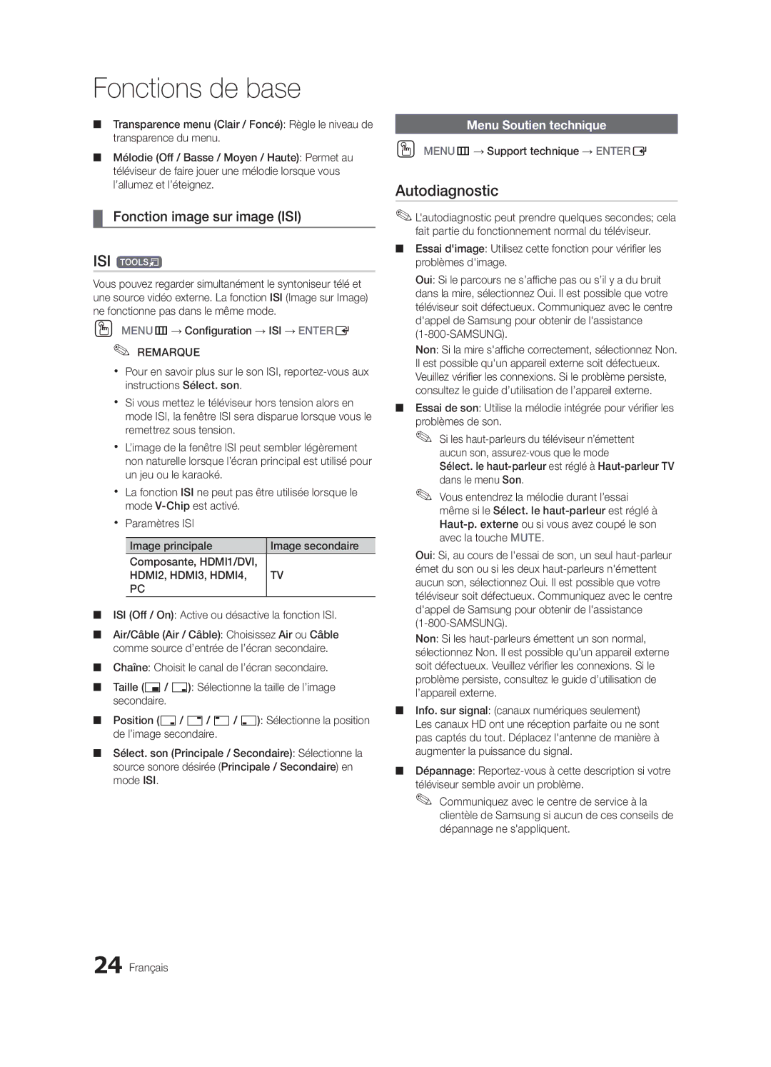 Samsung UN32C4000 user manual ISI t, Autodiagnostic, Fonction image sur image ISI, Menu Soutien technique 