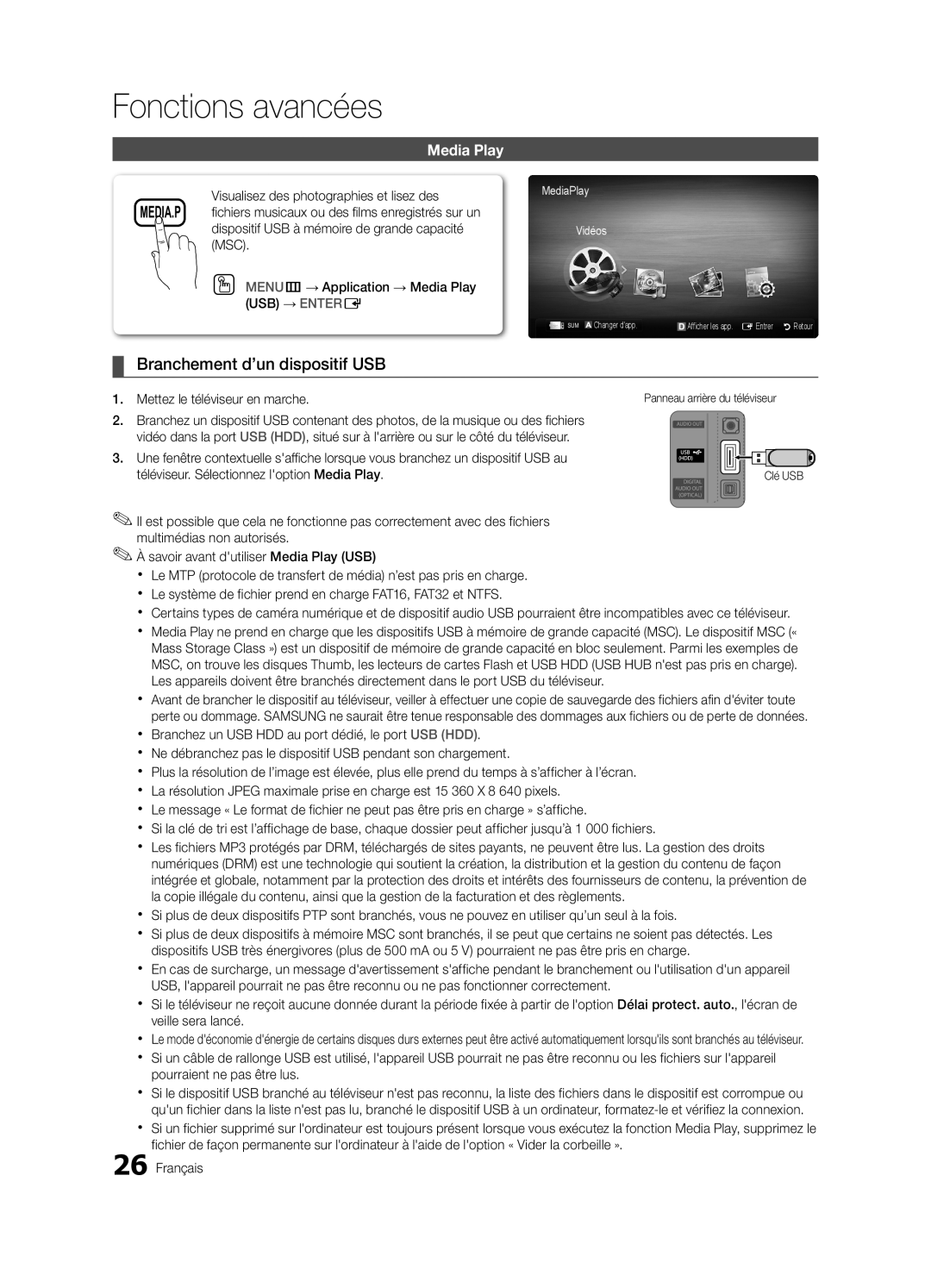 Samsung UN32C4000 user manual Fonctions avancées, Branchement d’un dispositif USB, Mettez le téléviseur en marche 