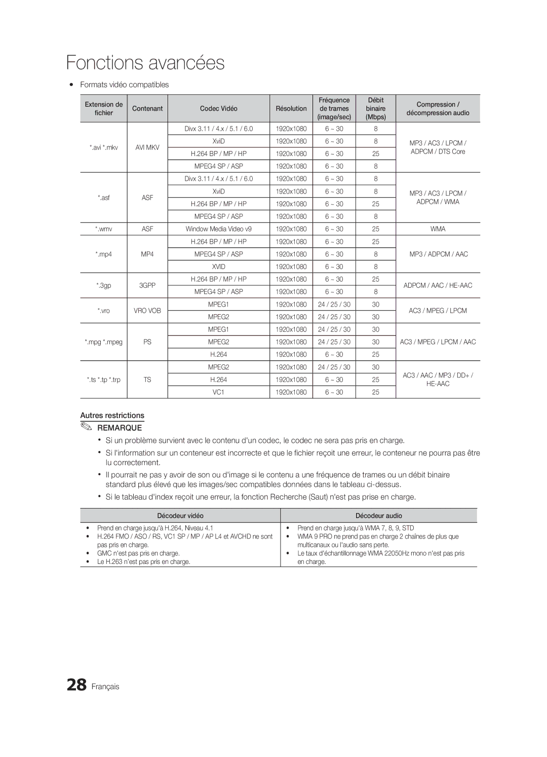 Samsung UN32C4000 user manual Yy Formats vidéo compatibles, Extension de Fréquence Débit Compression, Résolution 