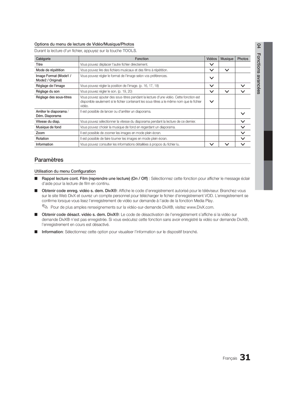 Samsung UN32C4000 user manual Paramètres, Utilisation du menu Configuration, ’aide pour la lecture de film en continu 