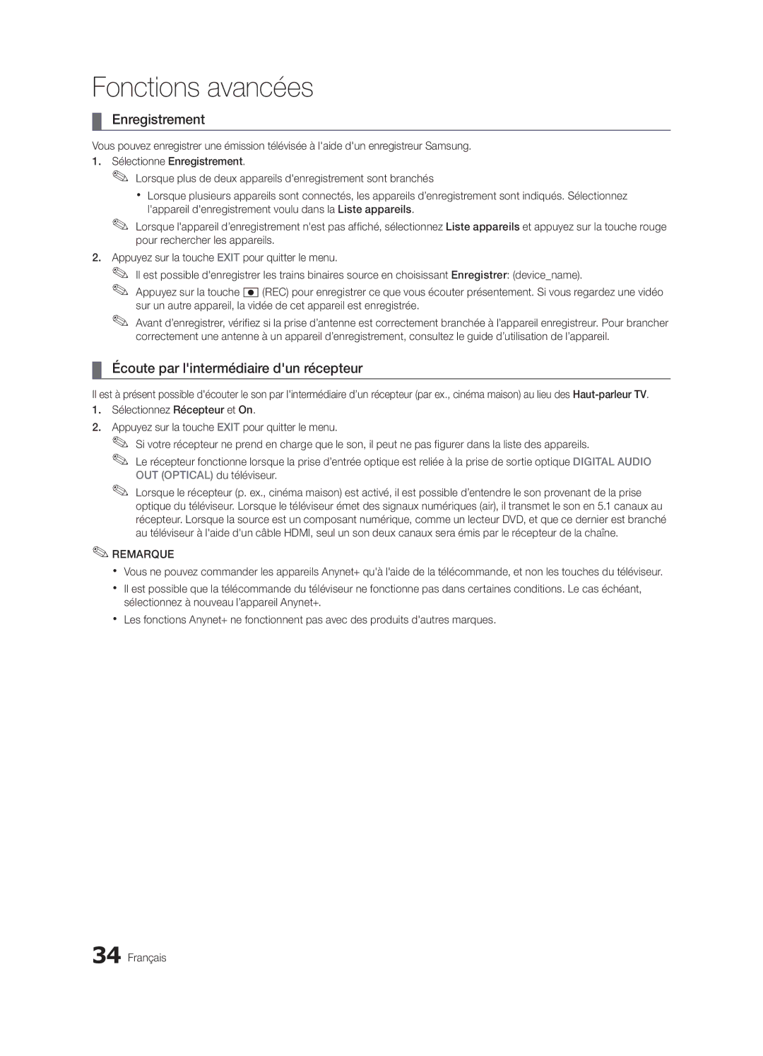 Samsung UN32C4000 user manual Enregistrement, Écoute par lintermédiaire dun récepteur 