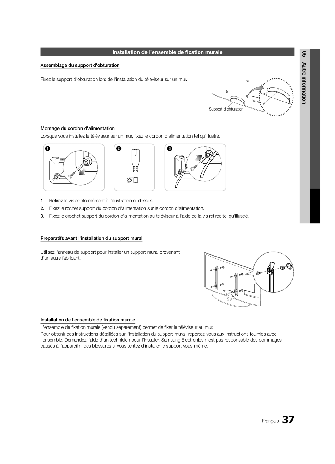 Samsung UN32C4000 user manual Installation de l’ensemble de fixation murale 