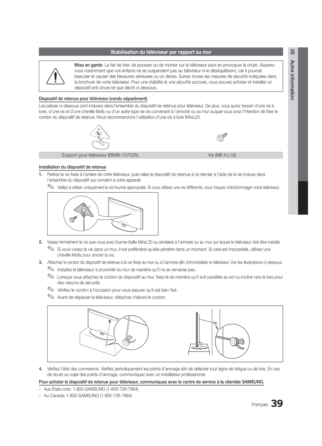 Samsung UN32C4000 user manual Stabilisation du téléviseur par rapport au mur 