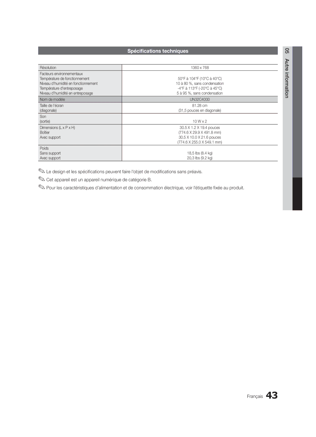 Samsung UN32C4000 user manual Spécifications techniques 