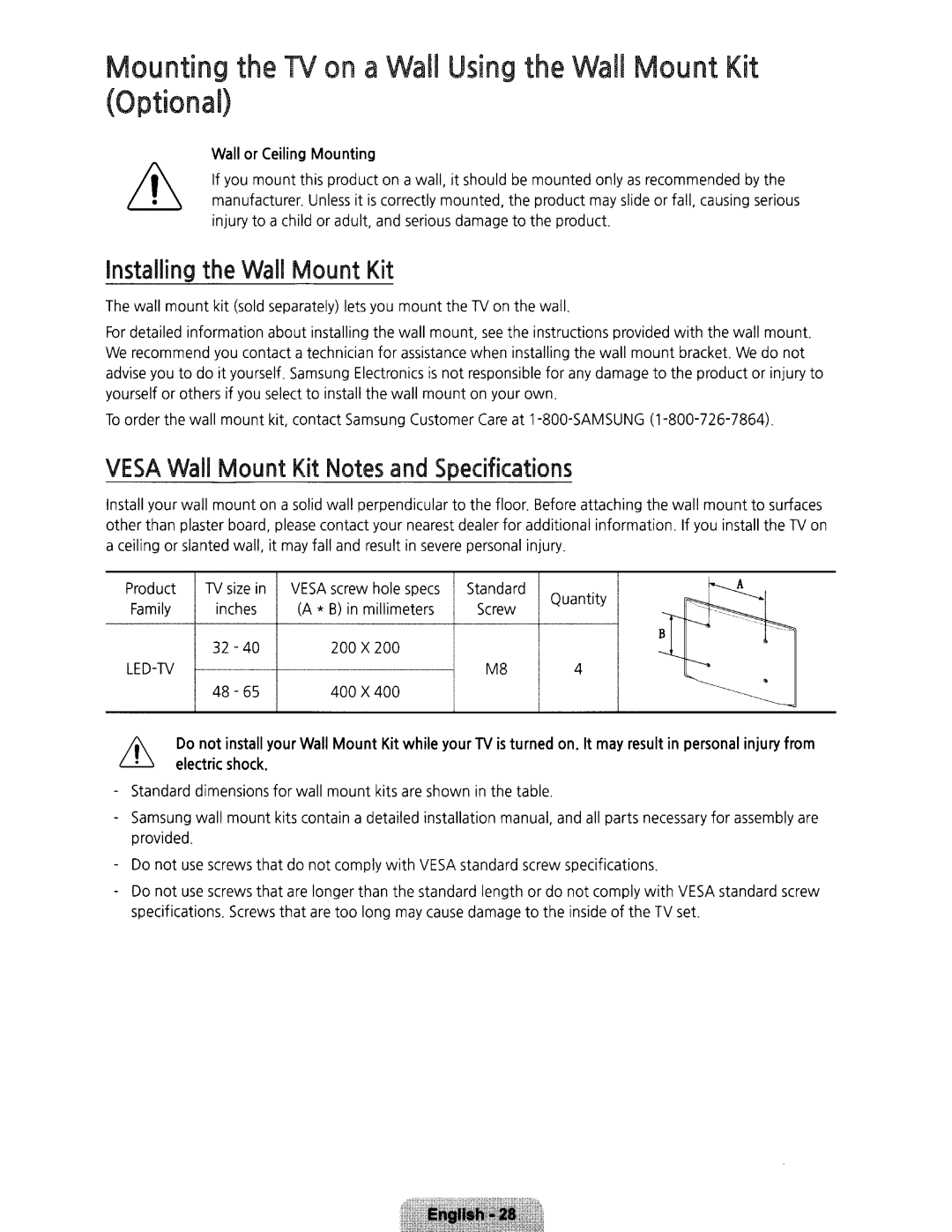 Samsung UN32H5203 user manual Mounting the TV on a Wall Using the Wall Mount Kit Optional 