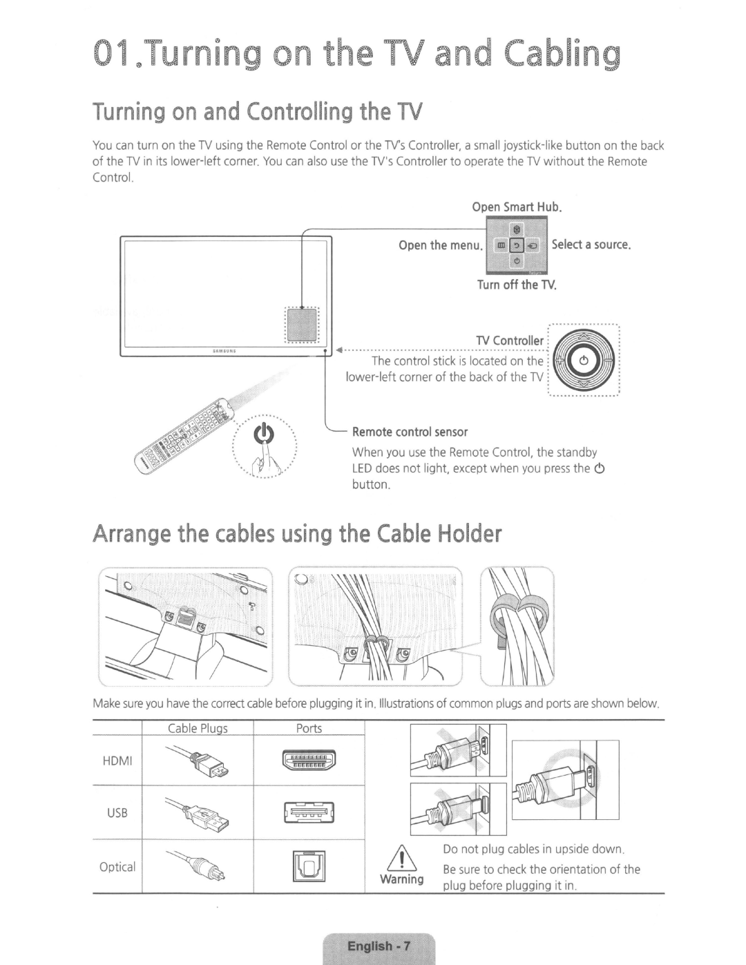 Samsung UN32H5203 Lower-left corner of the back of the TV i.~ ···~········, Cable Plu s, Optical, Plug before plugging it 