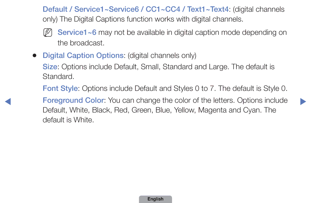 Samsung UN32D5500RHXZA manual Broadcast, Digital Caption Options digital channels only, Standard, Default is White 