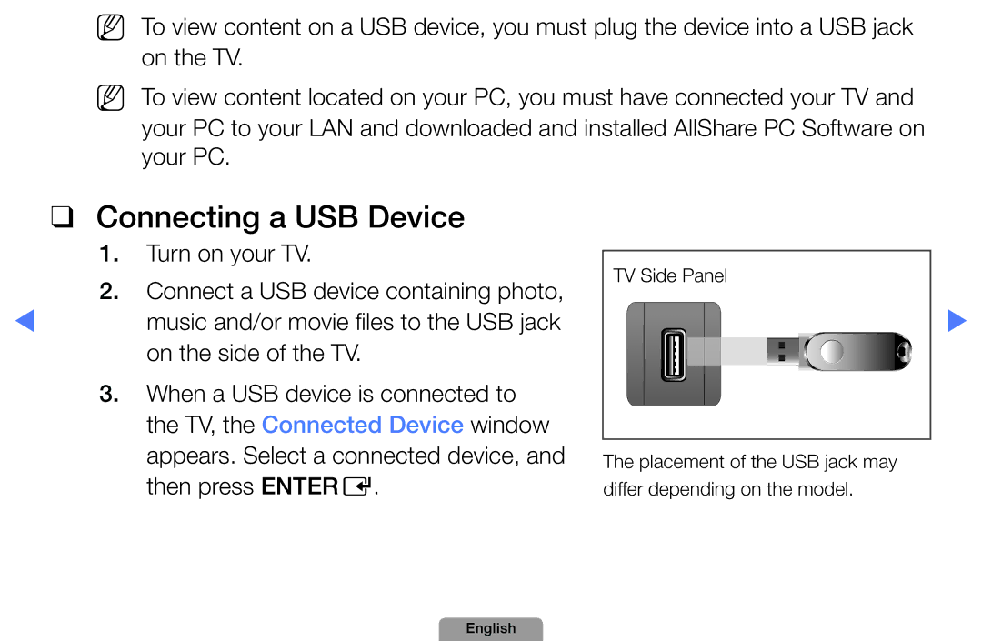 Samsung UN40D5500RHXZA, UN32D5500RHXZA manual Connecting a USB Device, Turn on your TV Connect a USB device containing photo 