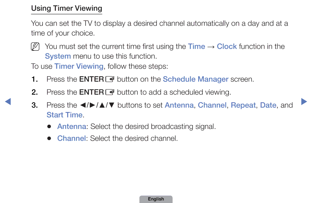 Samsung UN40D5500RHXZA Start Time, Antenna Select the desired broadcasting signal, Channel Select the desired channel 