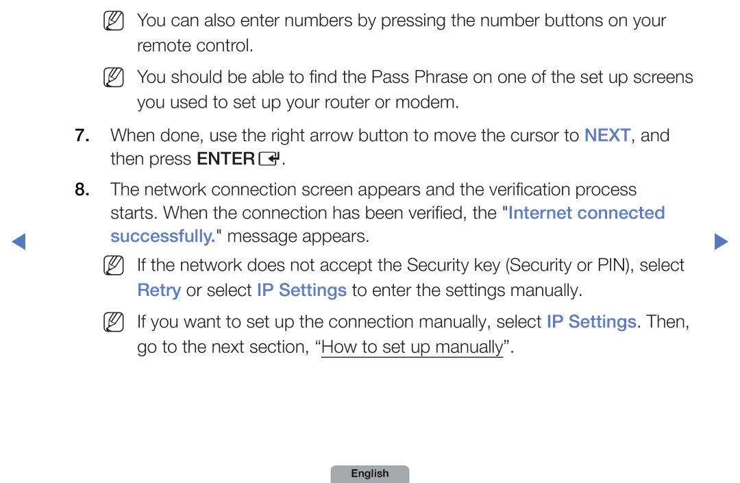 Samsung UN40D5500RHXZA Successfully. message appears, Retry or select IP Settings to enter the settings manually 