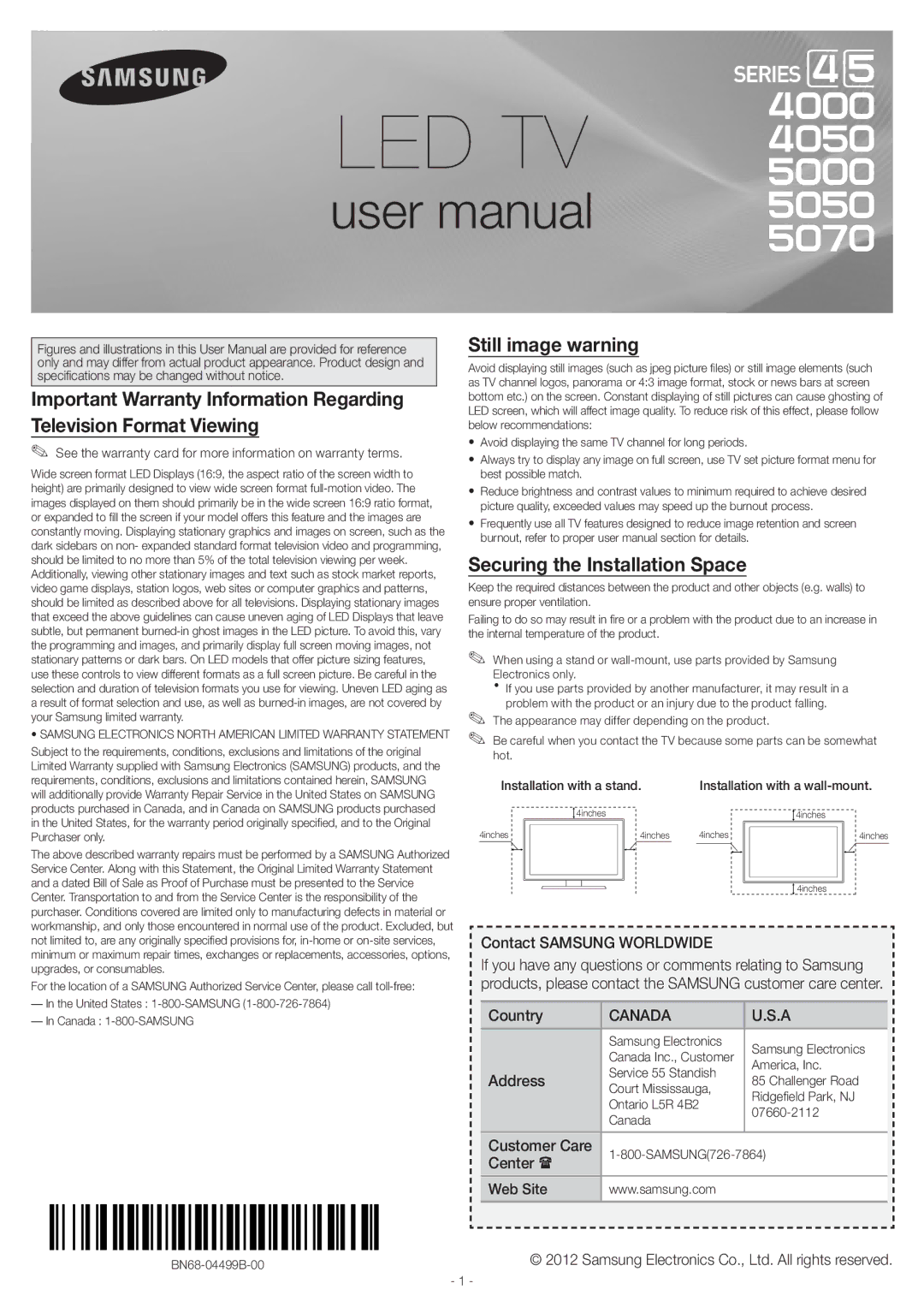 Samsung UN40EH5000 user manual Still image warning, Securing the Installation Space, Customer Care, Web Site 