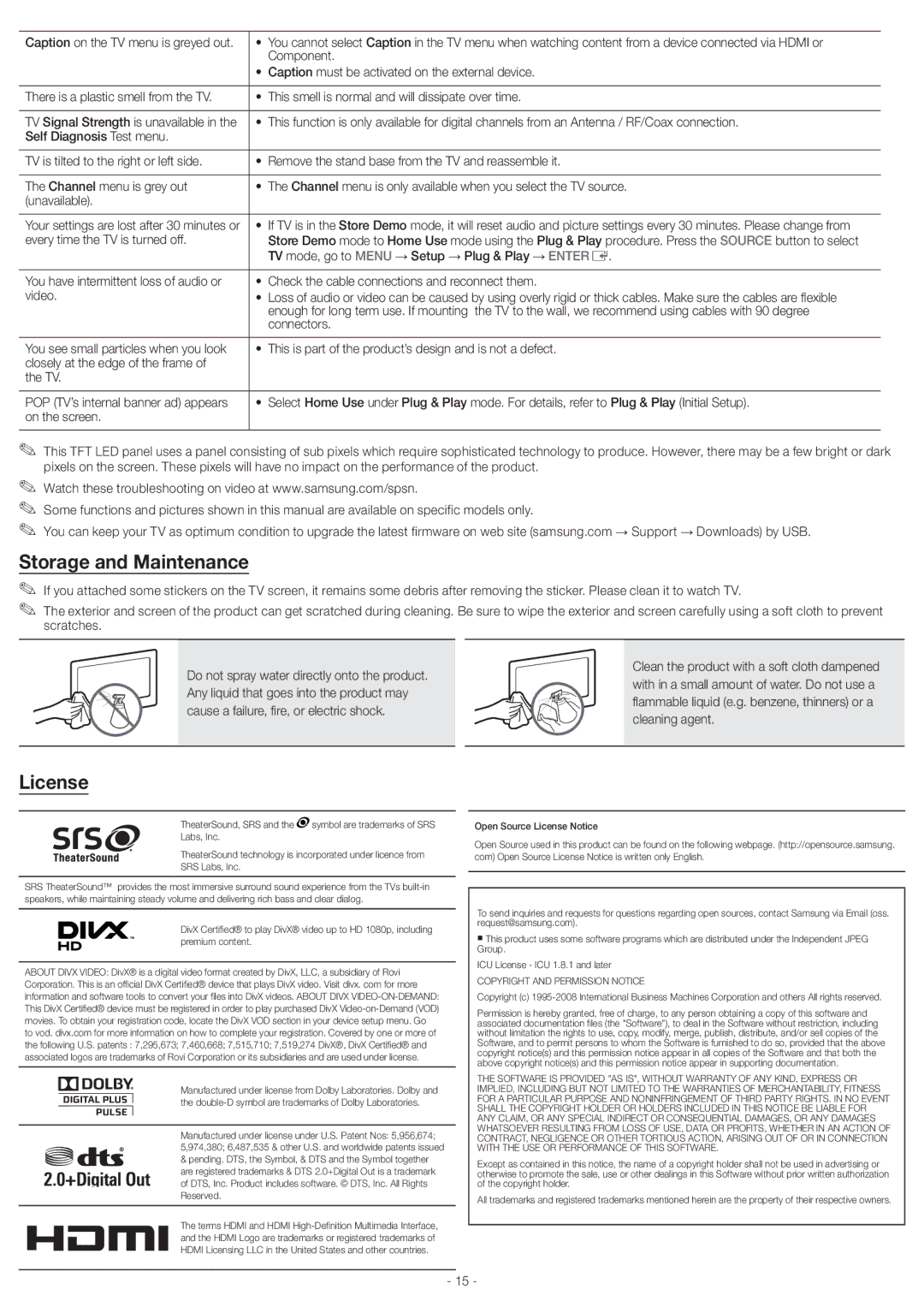 Samsung UN40EH5000 user manual Storage and Maintenance, License 