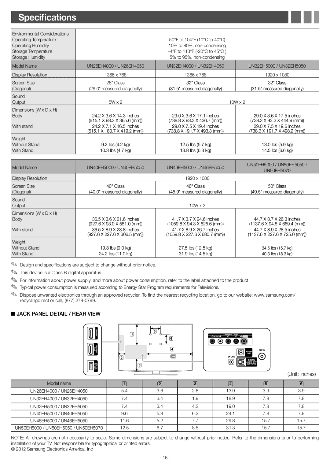 Samsung UN40EH5000 user manual Specifications, Unit inches 