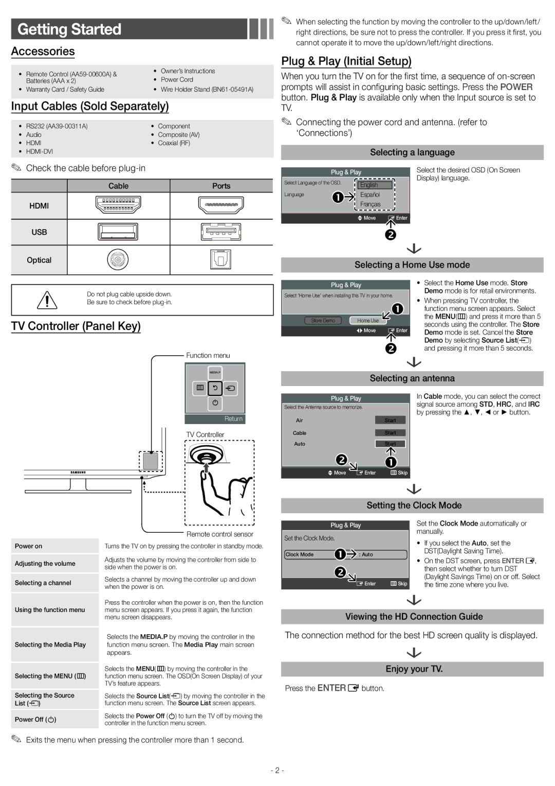 Samsung UN40EH5000 user manual Getting Started, Accessories, Input Cables Sold Separately, TV Controller Panel Key 