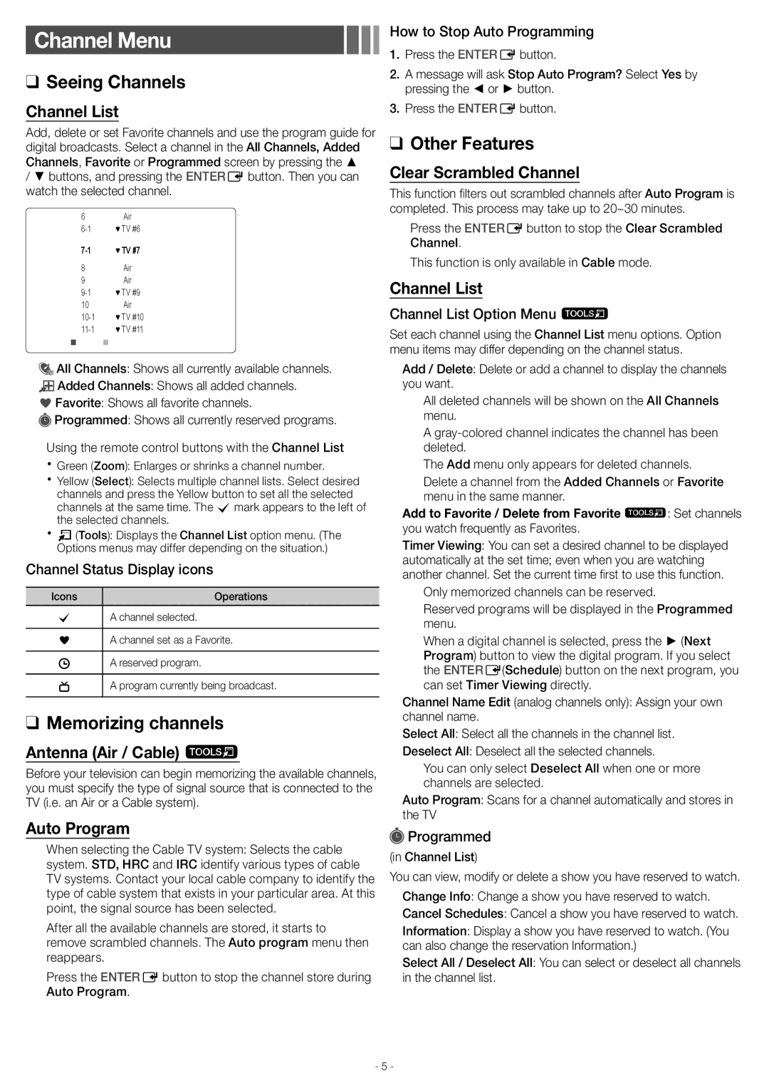 Samsung UN40EH5000 user manual Channel Menu, Channel List, Antenna Air / Cable t, Auto Program, Clear Scrambled Channel 