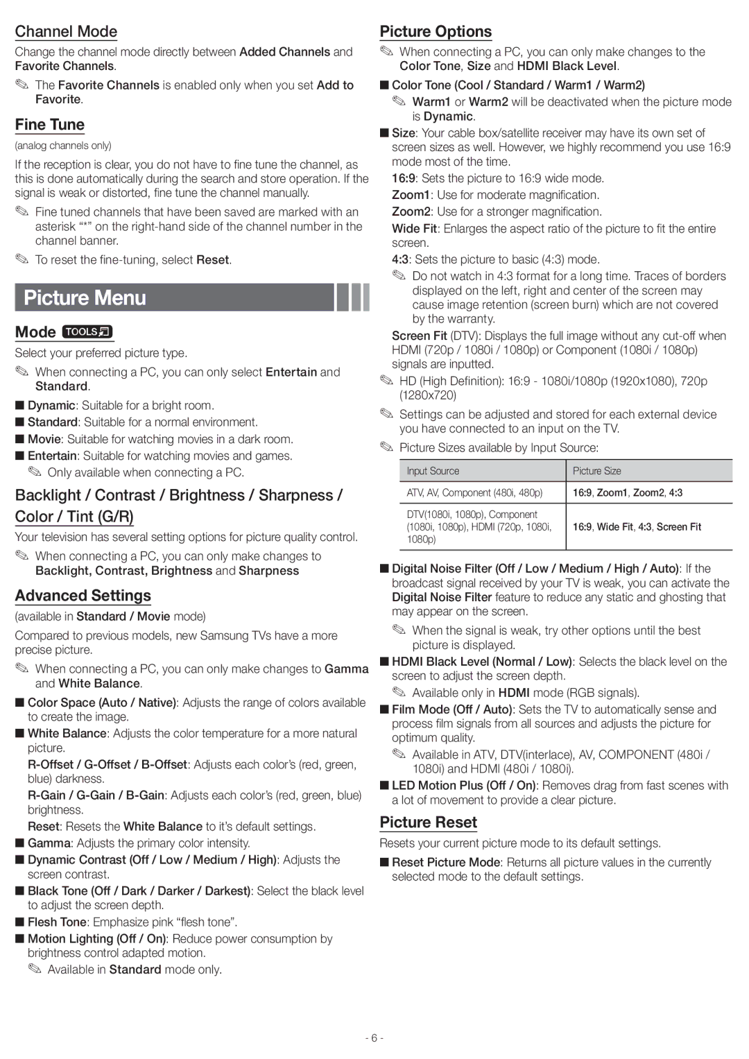 Samsung UN40EH5000 user manual Picture Menu 