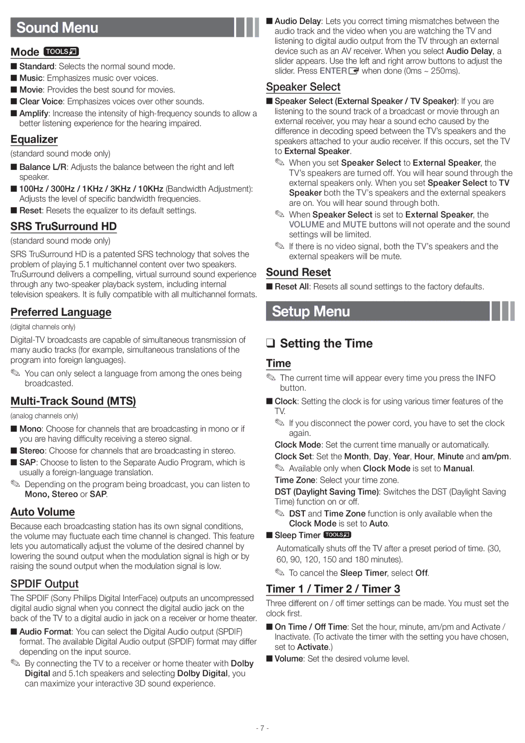 Samsung UN40EH5000 user manual Sound Menu, Setup Menu 