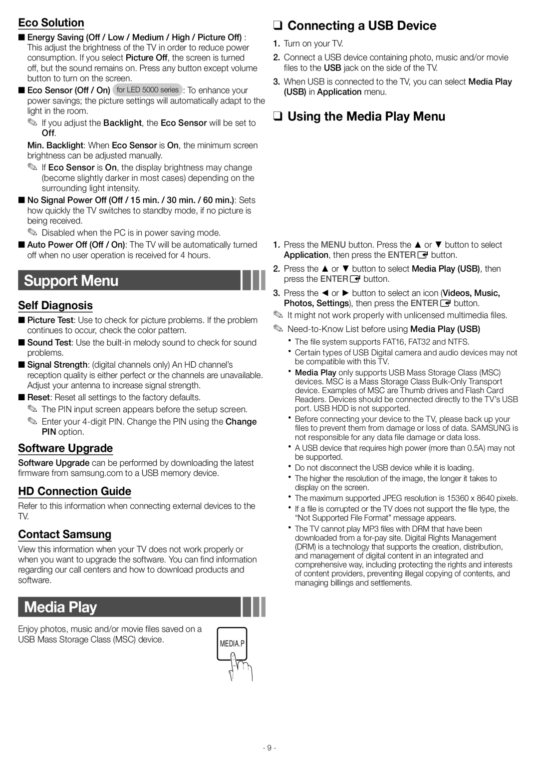 Samsung UN40EH5000 user manual Support Menu, Media Play 