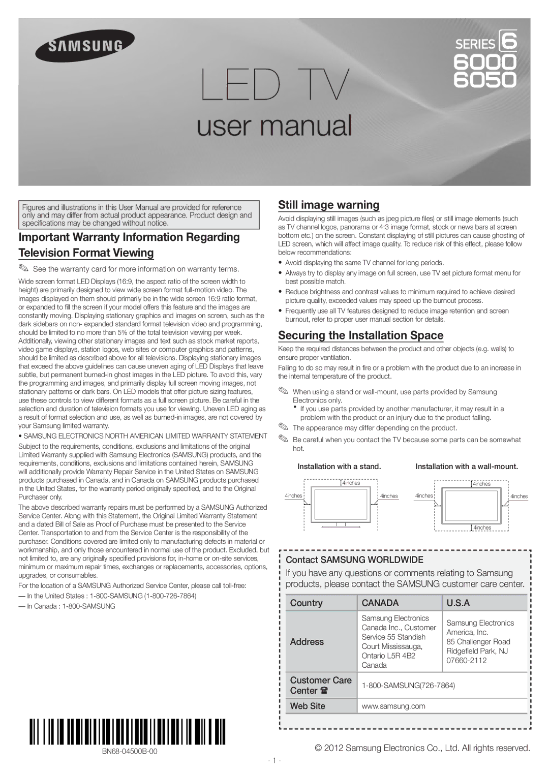 Samsung UN60EH6050, UN40EH6000 user manual Still image warning, Securing the Installation Space, Customer Care, Web Site 