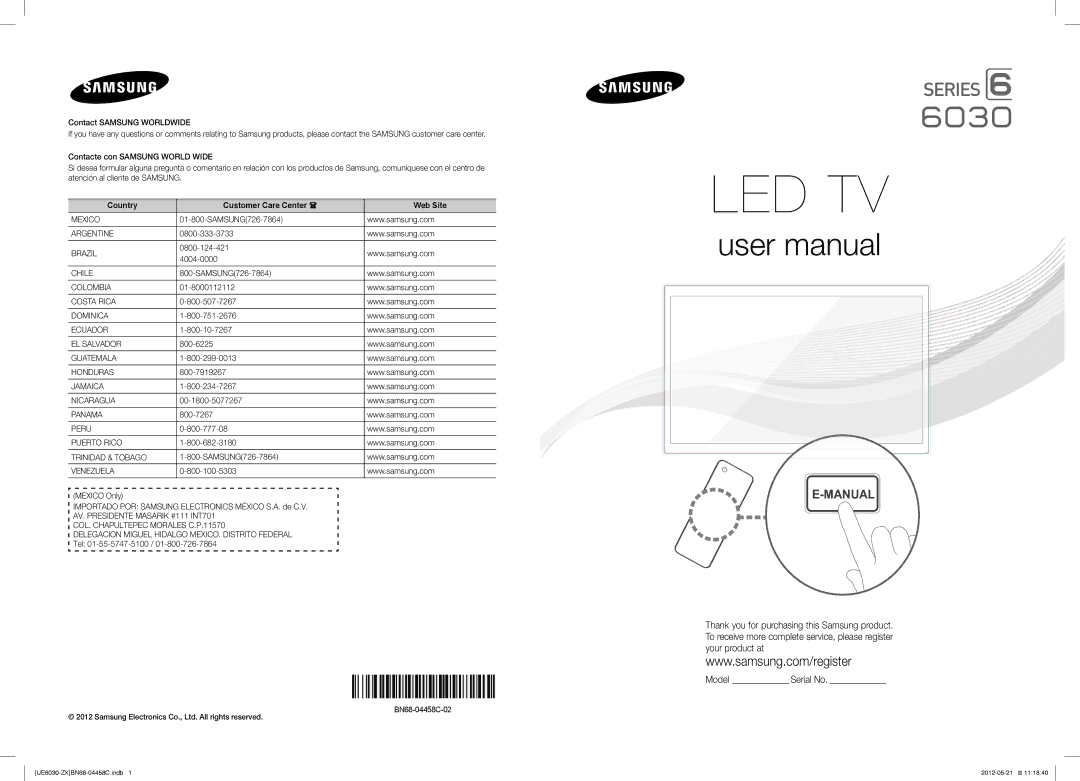 Samsung UN40EH6030 user manual SAMSUNG726-7864, 0800-124-421 4004-0000, 01-8000112112, 800-10-7267, 800-6225, 800-7919267 