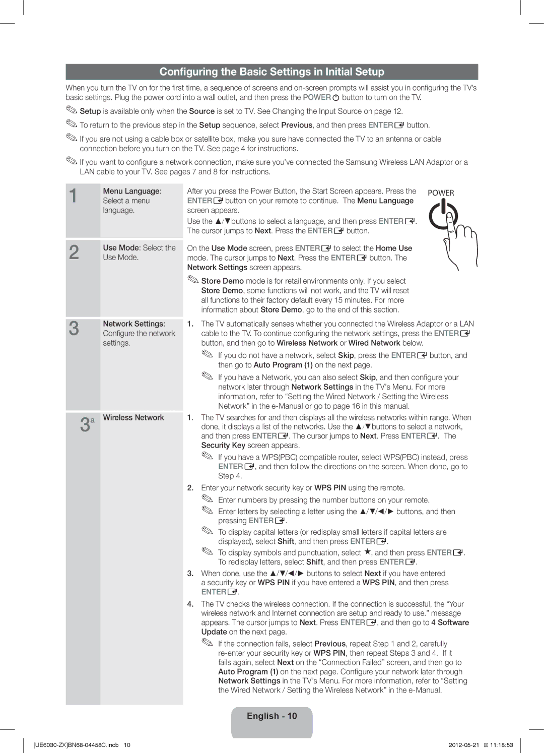 Samsung UN40EH6030 user manual Configuring the Basic Settings in Initial Setup 