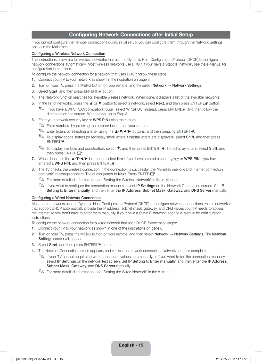 Samsung UN40EH6030 user manual Configuring Network Connections after Initial Setup 