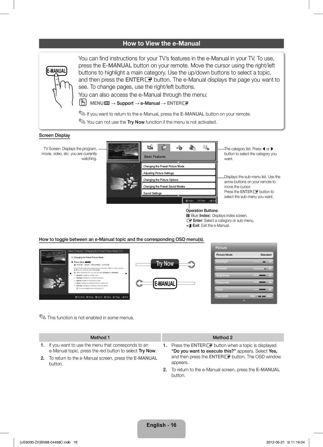 Samsung UN40EH6030 How to View the e-Manual, Try Now, Screen Display, This function is not enabled in some menus, Method 