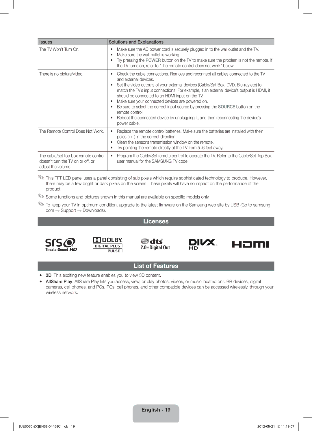 Samsung UN40EH6030 user manual Licenses List of Features 