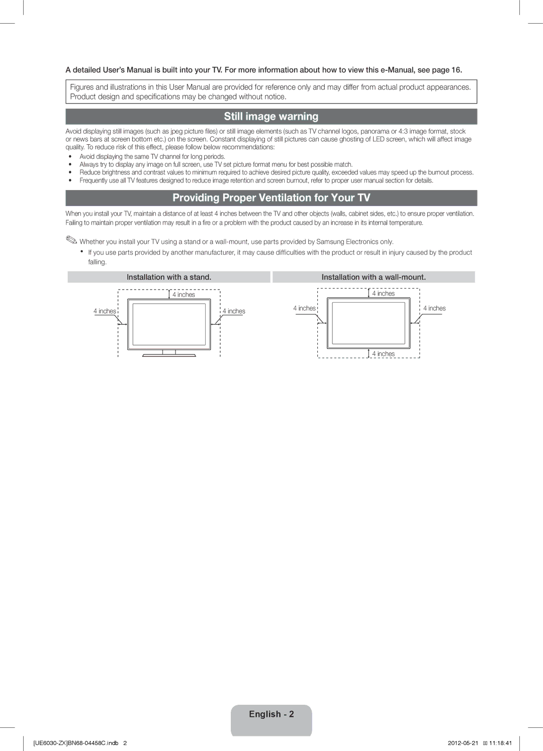 Samsung UN40EH6030 user manual Still image warning, Providing Proper Ventilation for Your TV, Inches 