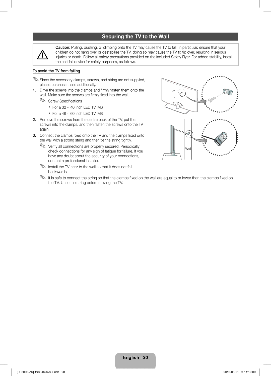 Samsung UN40EH6030 user manual Securing the TV to the Wall, TV. Untie the string before moving the TV 