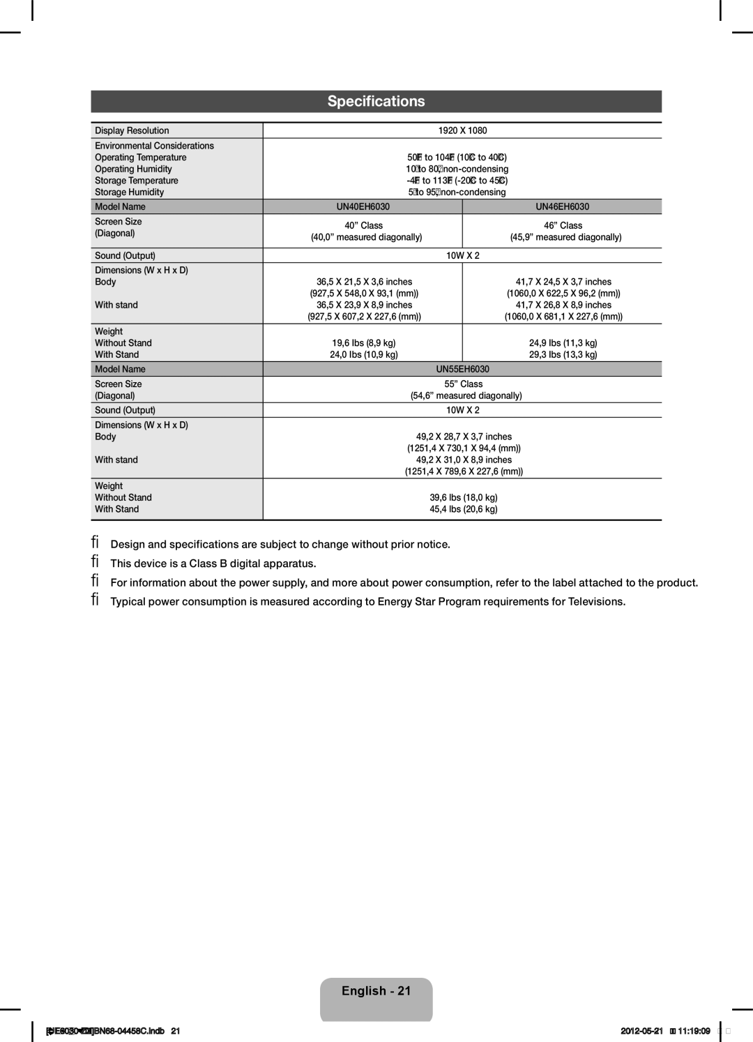 Samsung UN40EH6030 Display Resolution, Environmental Considerations Operating Temperature, Operating Humidity, Model Name 