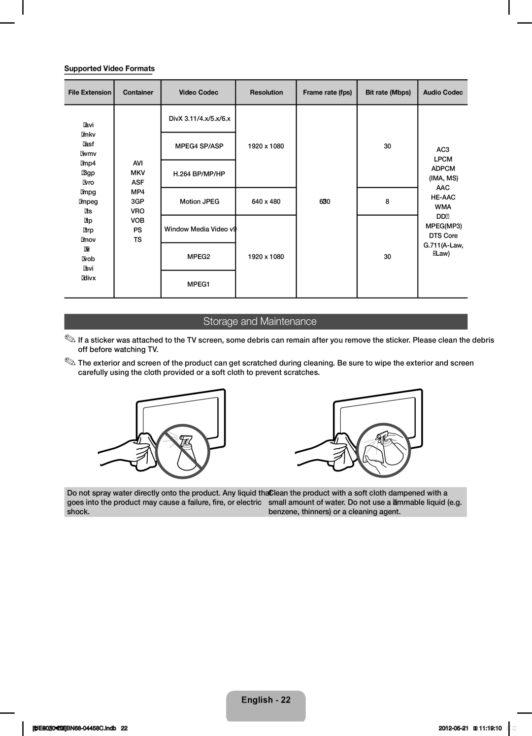 Samsung UN40EH6030 user manual Storage and Maintenance, Supported Video Formats 