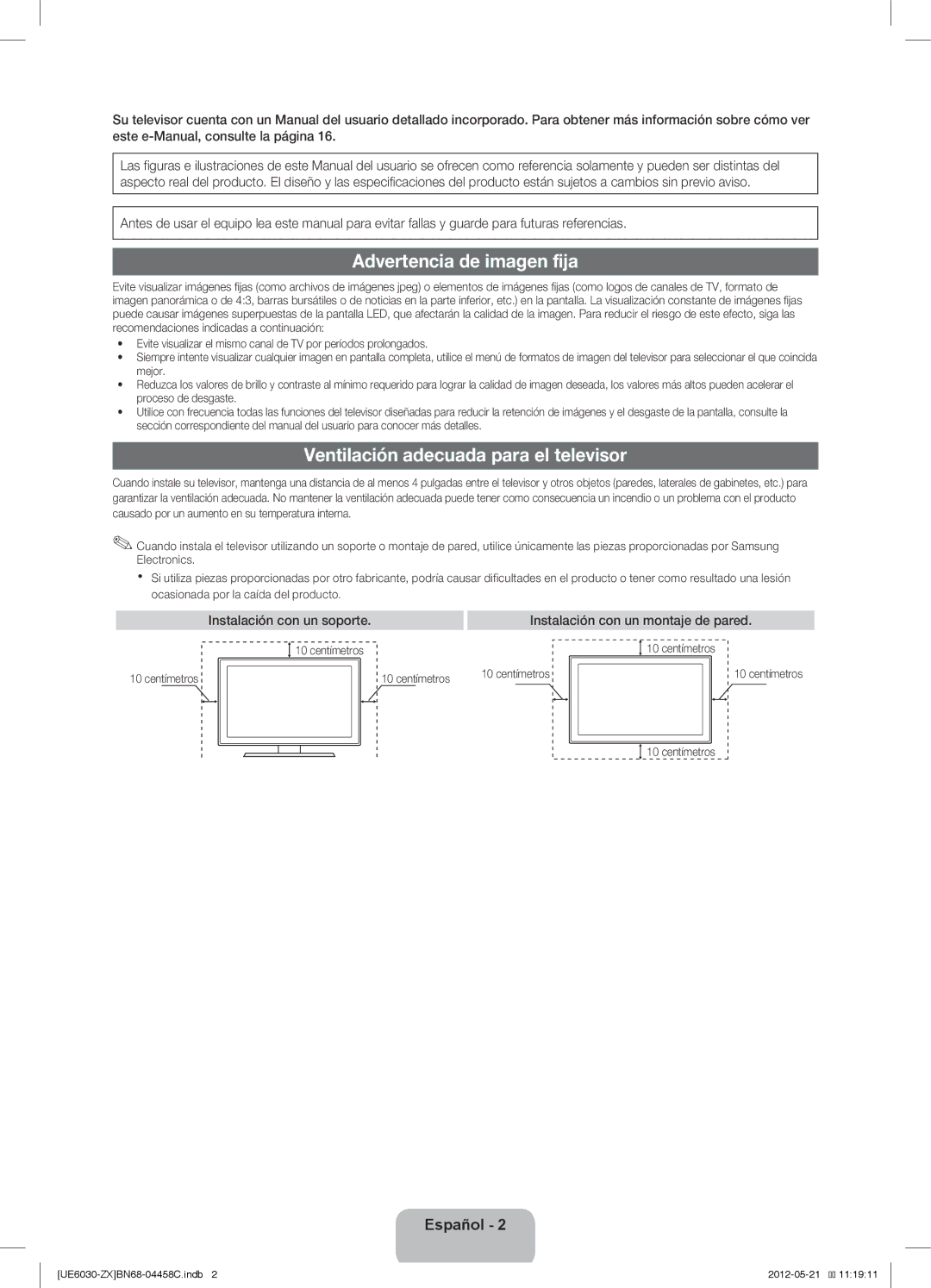 Samsung UN40EH6030 user manual Advertencia de imagen fija, Ventilación adecuada para el televisor, Centímetros 