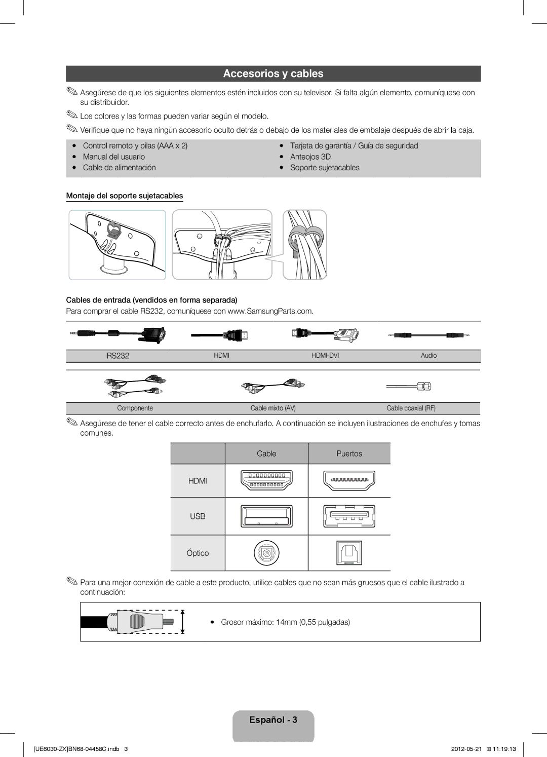 Samsung UN40EH6030 user manual Accesorios y cables, Yy Tarjeta de garantía / Guía de seguridad 