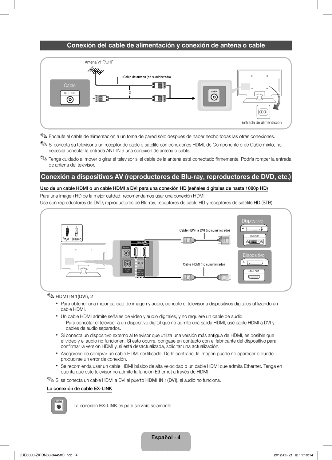 Samsung UN40EH6030 user manual La conexión EX-LINKes para servicio solamente, Antena VHF/UHF, Entrada de alimentación 