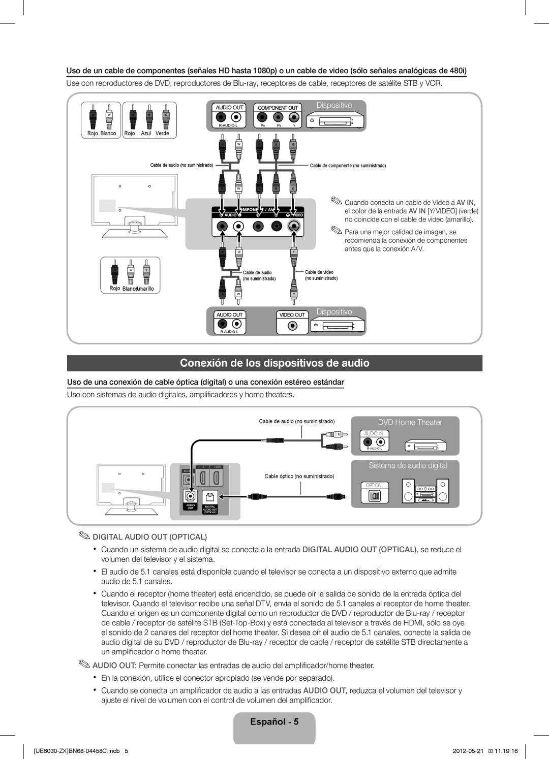 Samsung UN40EH6030 user manual Conexión de los dispositivos de audio 