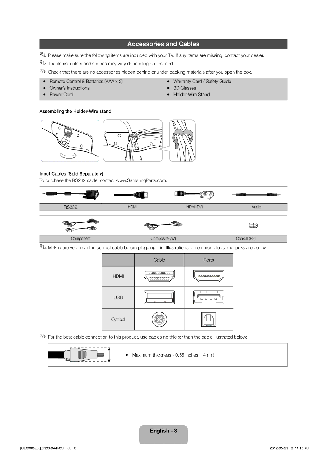 Samsung UN40EH6030 user manual Accessories and Cables, Audio, Component Composite AV Coaxial RF 