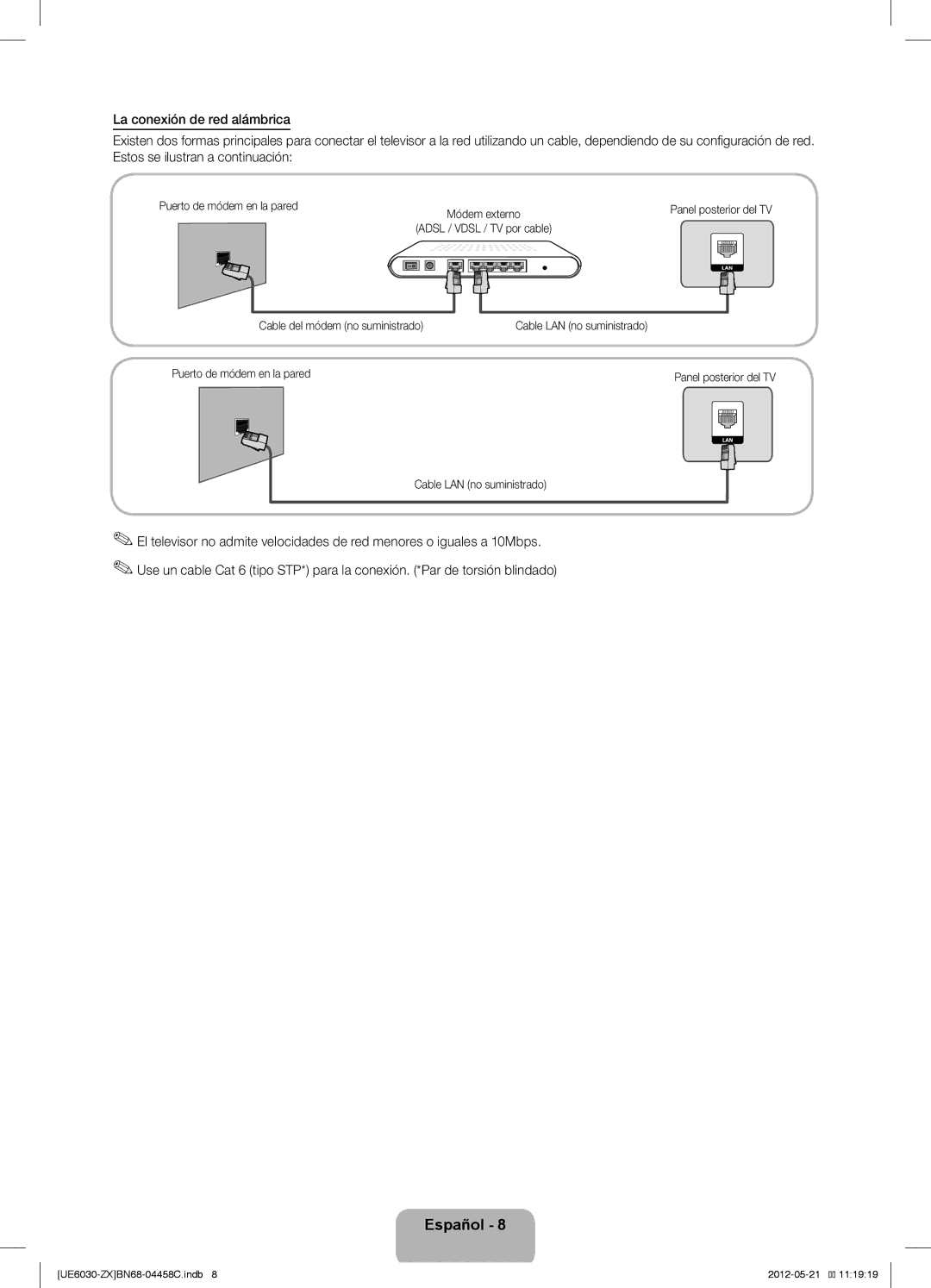 Samsung UN40EH6030 user manual Puerto de módem en la pared 