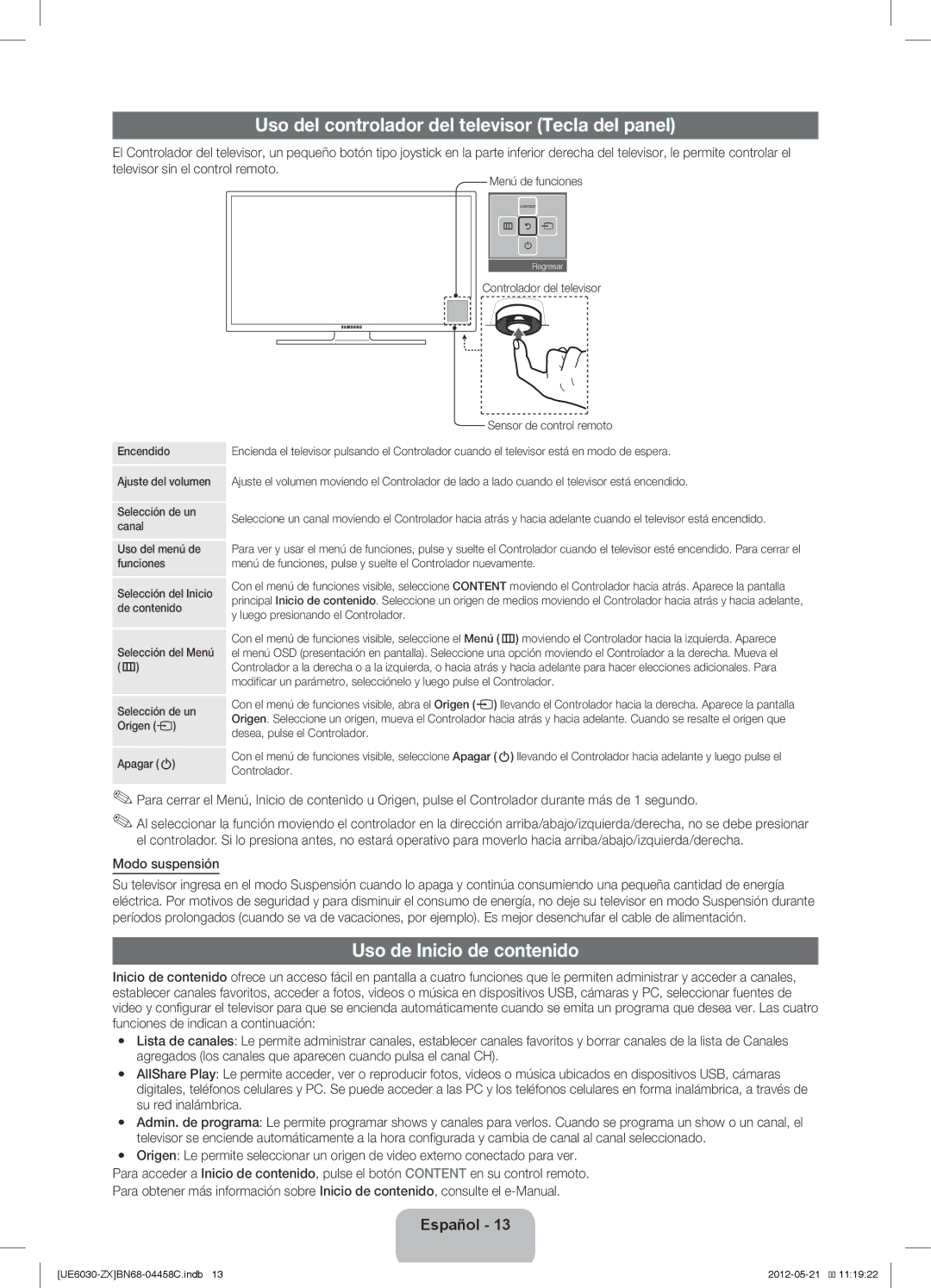 Samsung UN40EH6030 Uso del controlador del televisor Tecla del panel, Uso de Inicio de contenido, Modo suspensión 