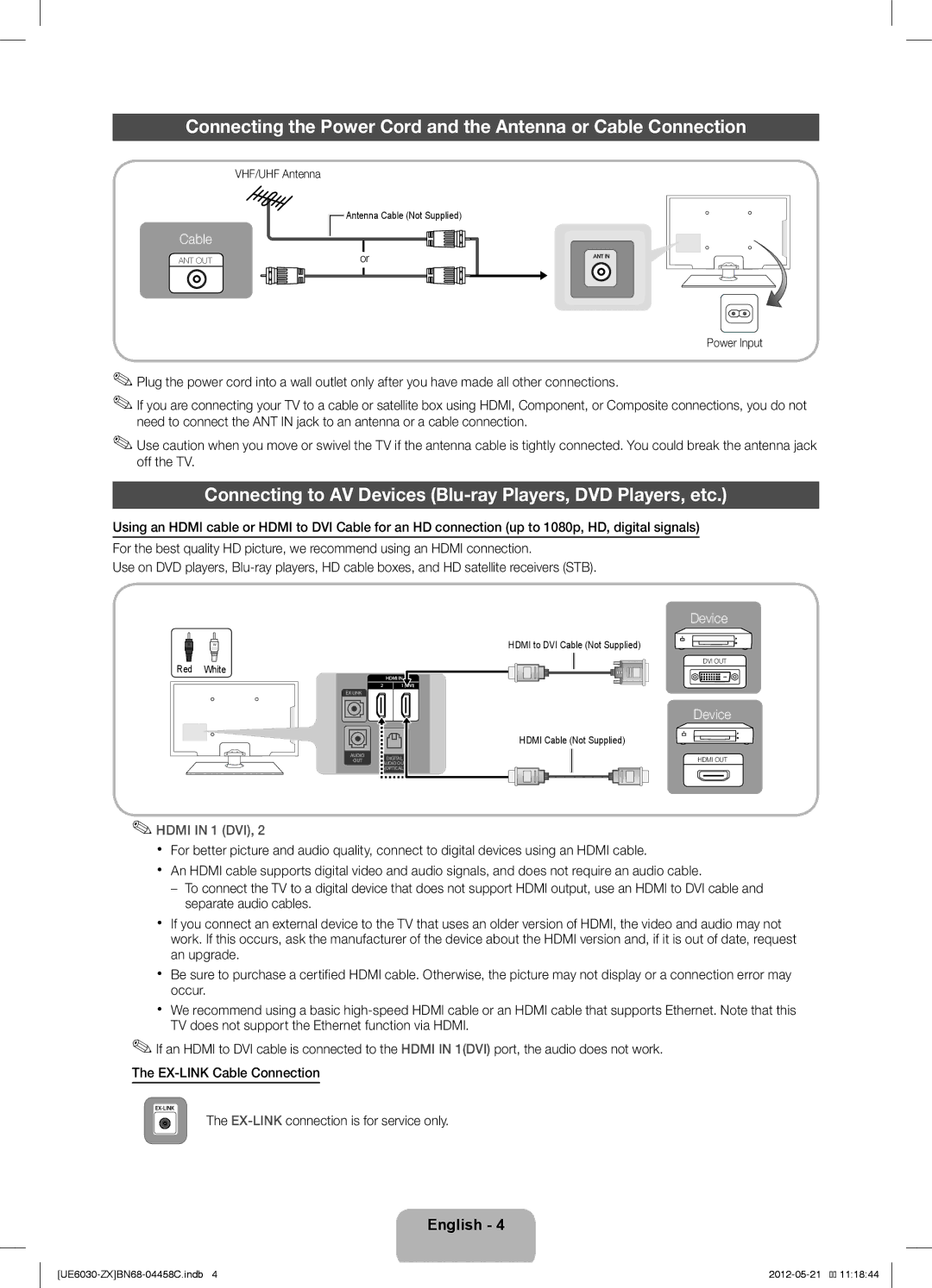 Samsung UN40EH6030 Connecting to AV Devices Blu-ray Players, DVD Players, etc, EX-LINKconnection is for service only 