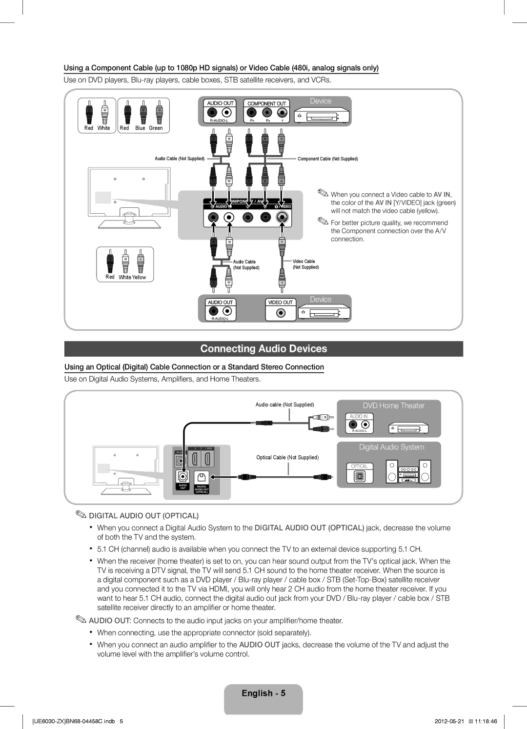 Samsung UN40EH6030 user manual Connecting Audio Devices, Digital Audio System 