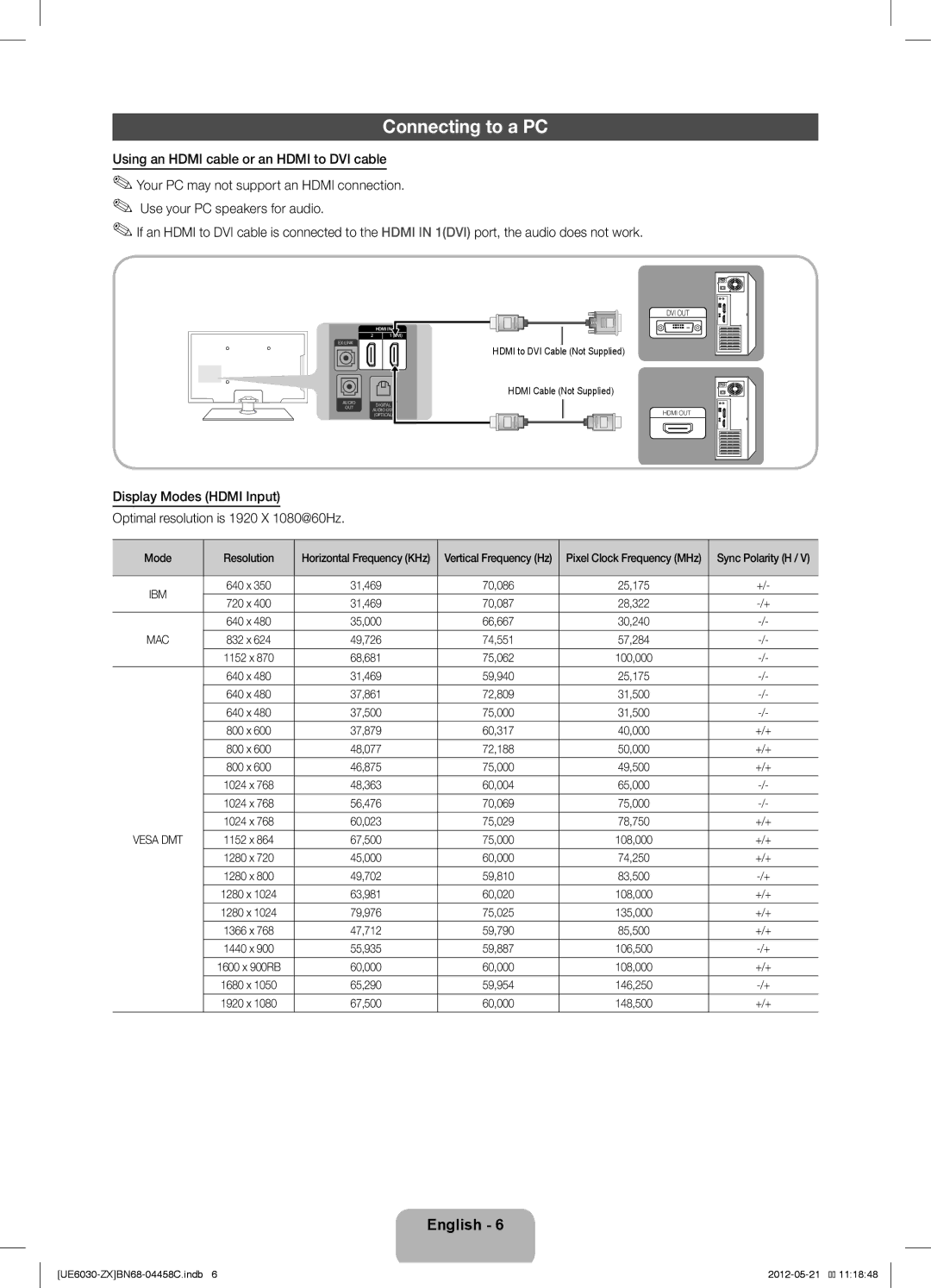 Samsung UN40EH6030 user manual Connecting to a PC, Mode Resolution 