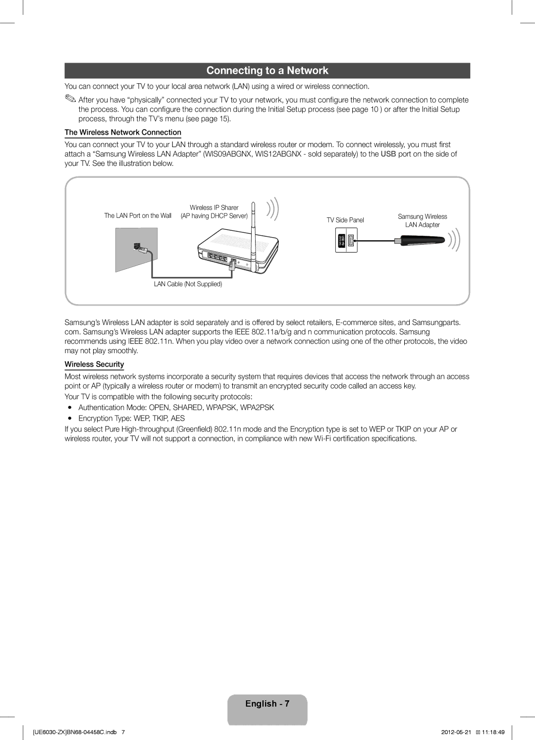 Samsung UN40EH6030 user manual Connecting to a Network, WEP or Tkip on your AP or specifications, LAN Cable Not Supplied 