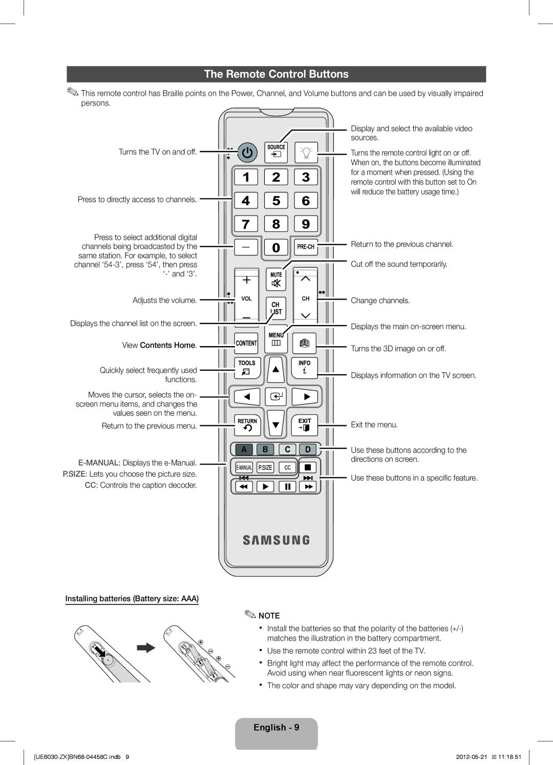 Samsung UN40EH6030 user manual Remote Control Buttons 