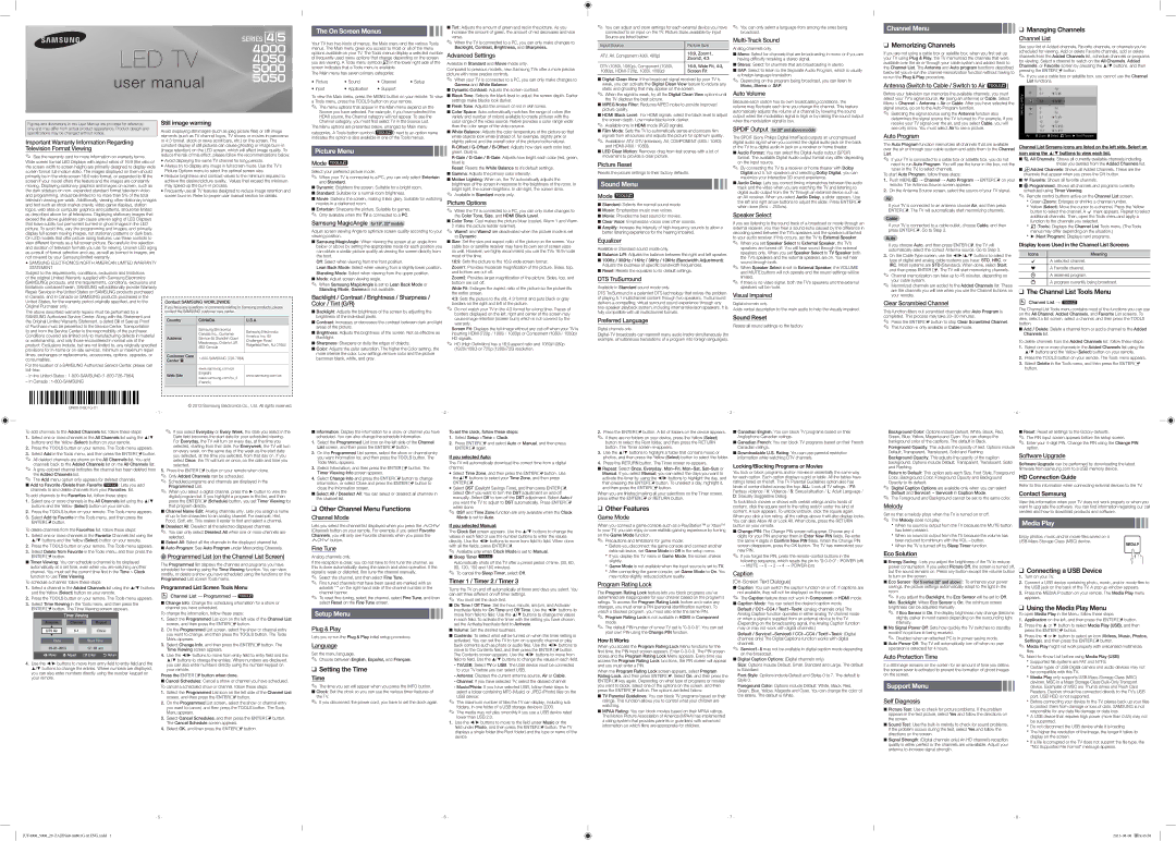 Samsung UN22F5000 user manual Still image warning, Sound Reset, HD Connection Guide, Contact Samsung, Time, Eco Solution 